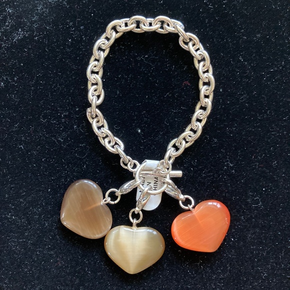 Silver Tone Bracelet/Simulated Cat's Eye Heart Charms/Autumn Colors/7 1/4 Inch - Picture 1 of 3